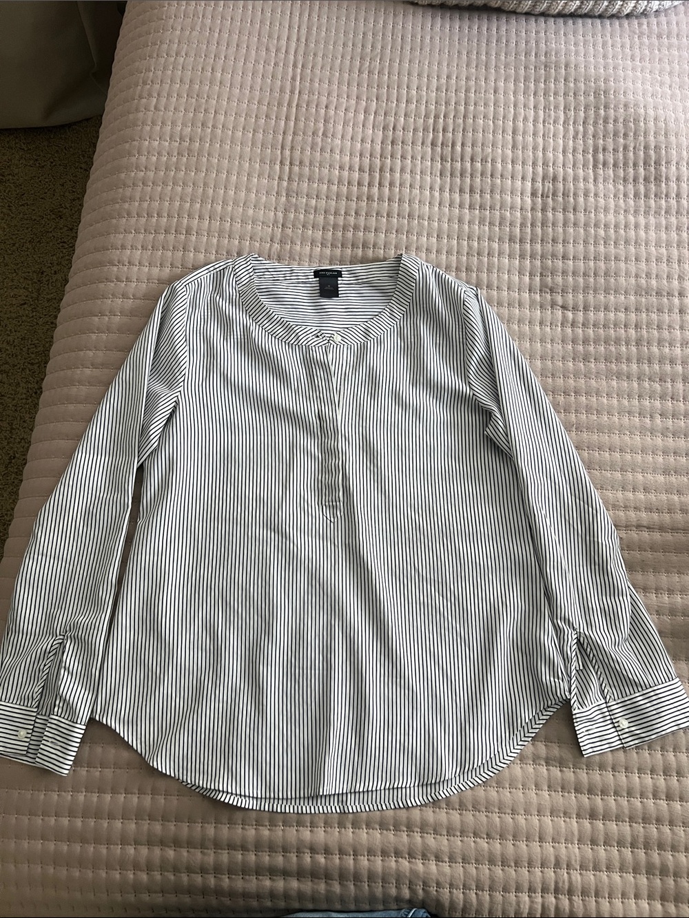 Ann Taylor White and Black Pinstripe Long Sleeve Blouse